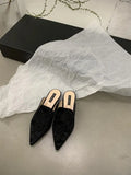 Shoes Mules For Women 2024 Ladies' Slippers Rivet Cover Toe Butterfly-Knot Low Square heel Loafers Flock New Pointed
