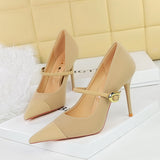 Breakj Korean Version Of Fashion Banquet High Heels Women's Shoes With Light Corduroy Stitching Pointed One Word Belt Single