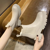 New Chunky Boots Fashion Platform Women Ankle Female Sole Pouch Ankle Botas Mujer Round Toe Slip-On Botas Altas