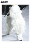 Women's High Boots Suede Cross-tied Pointed Toe Party High Heel Shoes Sexy Ostrich Feather Women's Over The Knee
