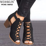 2020 Women Square Heel Sandals Peep Toe Hollow Out Chunky Gladiator Sandals With Strap Black Spring Summer Shoes