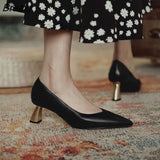 Temperament Women's Pumps Middle-heeled Black Beige Pointed Toe Female Elegent Dress Shoe Retro Slip-On Casual Sapatos