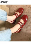 Soft Leather Mary Jane Shoes Female Retro Block Heel Square Toe Work Pumps New One-Word Buckle Strap Mid-Heel High