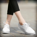 Women 's Leather Casual Shoes Breathable Lace-Up Sneakers Comfortable Ladies Flat Loafers Non-Slip Work White