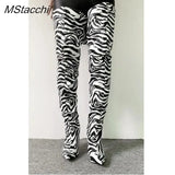 2024 New Women Over The Knee High Heels Boots Sexy Ladies Zebra Style Pointed Toe Stiletto Heels Long Botas