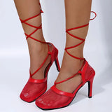 Women Pumps Thin High Heels Sexy Sandals Shoes For Woman Fashion Square Toe Mesh Ankle Strap Pumps Sandals Ladies