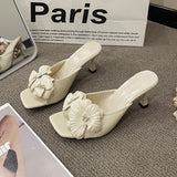 Breakj Fine Heel Sandals 2025 Spring And Summer New One-Word Drag Small Fashion Three-Dimensional Flower Women's Shoes