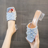 2021 Transparent Pvc Sandals Women Square Toe Transparent Pearl Cup High Heels Sexy Summer Shoes Kopmkp Women Sandals