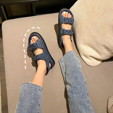 Hook&Loop Denim Sandals Women Double Band Open Toe Shoes Girls Students Summer Soft Leather Platform Sandalias Femmes