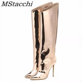Women's High Boots Gold Silver Pointed Toe Knee-high Boots For Woman Sexy High Heels Party Shoes Ladies Stiletto botas