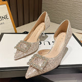 Woman Fashion Shoes Ponted Toe Thin High Heels Crystal Pumps Elegant Style Party Ladies Footwear Autumn Champagne