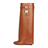 Buckle Women High Knee Boots Large Size High Heels Designer Shoes British Style Denim Wedges Knight Boots For Women