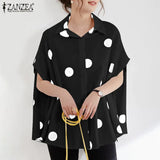 Women Casual Short Sleeve Polka Dot Blouse ZANZEA Elegant Turn Down Collar Shirt Summer Printed Oversize Tunic Tops Female