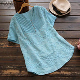 Stylish Summer Embroidery Tops Womens Floral Blouses ZANZEA 2022 Short Sleeve Pleated Blusas Female Button