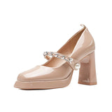 Pearl New Square Head Shallow Mouth Thick With Patent Leather A Word Buckle Mary Single Shoes Jane High Heels Waterproof