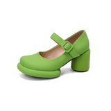 Strange Style Round High Heels Mary Jane Shoes Women Strap Buckle Platform Fashion Lychee Pattern Pumps Green Yellow White