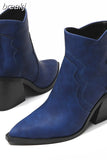 Sale Leather Western Ankle Boots Women Point Toe Square Heels Short Boots Autumn Winter Cowboy Knight Boots Woman