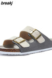 New Summer Beach Holiday Women Cork Slipper Casual Buckle Non-slip Outside Nubuck Leather Slides