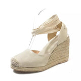 Breakj Summer New Large-Size Slopes And Women's Sandals Thick-Soled Buns Heel Heel Heel Tie Cloth Hemp Rope Sandals