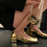 5CM Silver Thick Heels Mary Jane Shoes Women Buckle Strap Square Toe Pumps Woman Med Heele Patent Leather Shoes