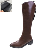 Winter Cowboy Western Boots Women Fashion Pointed Toe Thick Heels Knee High Boots Woman Back Zipper Pu Leather Long