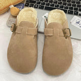 Fashion Women Winter Cork Slippers Closed Toe Artificial Fur Inside Low Heel Casual Soft Warm Fluffy Slide
