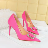 Breakj Fashion Banquet High Heels Fine Heel Shallow Pointed Satin Metal Water Diamond Buckle Single Shoe