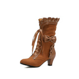 Winter Girls Lolita Faux Suede Mid-Calf Boots High Heel Ruffle Trim Japanese Princess Cosplay Party Shoes Vintage Sweet