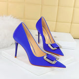 Breakj Fashion Banquet High Heels Fine Heel Shallow Pointed Satin Metal Water Diamond Buckle Single Shoe