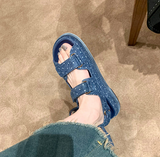 Hook&Loop Denim Sandals Women Double Band Open Toe Shoes Girls Students Summer Soft Leather Platform Sandalias Femmes