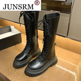 New Black Long Tube Fashion Comfortable Casual Women's Boots Thick-soled Round Head Cross Straps Outdoor Women Martin
