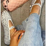 Studded Crystal Women Mary Jane Ballet Shoes Summer Mesh Hollow Sandals Laofers Casual Soft Leather Comfortable