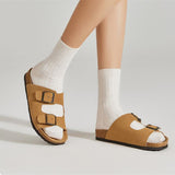 New Summer Beach Holiday Women Cork Slipper Casual Buckle Non-slip Outside Nubuck Leather Slides