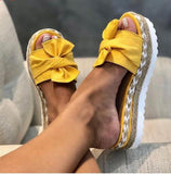 Version Of The New Large-Size Linen Thick-Bottom Slippers Women Bow Linen Rope Slope And Beach Cool
