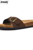 2023 New Summer Beach Holiday Women Cork Slipper Casual Buckle Non-slip Outside Nubuck Leather Slip on Slides