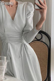 Autumn Elegant One Piece Dress Korea Fashion Casual Pure Color Midi Dress Woman Long Sleeve Evening Party Dress Office