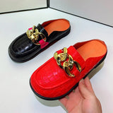 Women Slipper Low Heels Casual Slides Flip Flop Round Toe New Arrival Brand Design Gold Chain Closed Slip On Shoes