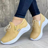 New Women Autumn Solid Color Pu Leather Sport Sneakers Wedges Lace-Up Platform Vulcanized Shoes Casual Ladies Walking