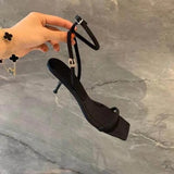 New Style Square Toe Ladies Sandals Crystal Letters Decorated Ladies High Heels Sexy High Heels Wedding Dress High