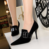 Breakj Women's Shoes High Heel Suede Sexy Nightclub Show Thin Snake Grain One Word Belt Belt Buckle Deep Mouth Single