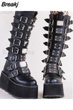 Design Gothic Style INS Hot Fashion Boots Women Shoes Black Wedges High Heels Buckles Platform Boots Female Plus Size