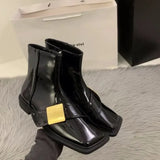 Women Ankle Boots Designer Square Toe Leather Shoes New Chunky Heels Zipper Fad Brand Motorcycle Goth Snow Botas De