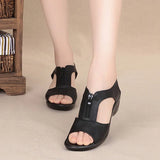 New Women Sandals High Heel Wedges Leather Shoes Woman Solid Casual Zip Platform Sandals Plus Size 35-41 Ladies