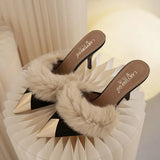 Sexy High Heels Women Fashion Fur Wedding Women Shoes 2023 New Suede Flip Flops Stiletto Pointed Toed Slippers