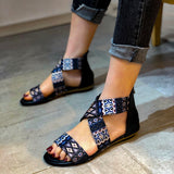 One Belt Sandals Women Summer 2022 Girl Sexy Cotton Fabric Zipper Gradiator Open-Toe Flat Rubber Outsole Shoes Size