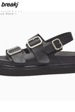 Size 35-40 Sandals Women Real Leather Shoes Summer Beach Ladies Low Heel Shoes Metal Detailed Ankle Buckle