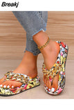 Sumer Women Colorful Graffiti Printed Platform Flip Flops Golden Chain Casual Sandals Ladies Beach Shoes Outdoor