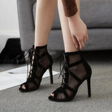 Summer Ladies High Top Dance Shoes Black Ballroom Boots Salsa Tango Shoes Fashion Mesh Stiletto Heel Plus Size