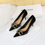 Breakj Fashion Banquet Women's Shoes Heel High Heel Shallow Pointed Big Metal Buckle Single Shoes High