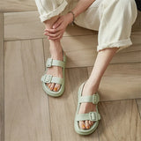 Shoes Women Buckle Genuine Leather Flat Sandals Round Toe Flat Platform Shoes Ladies Summer Causal Sandals White Size